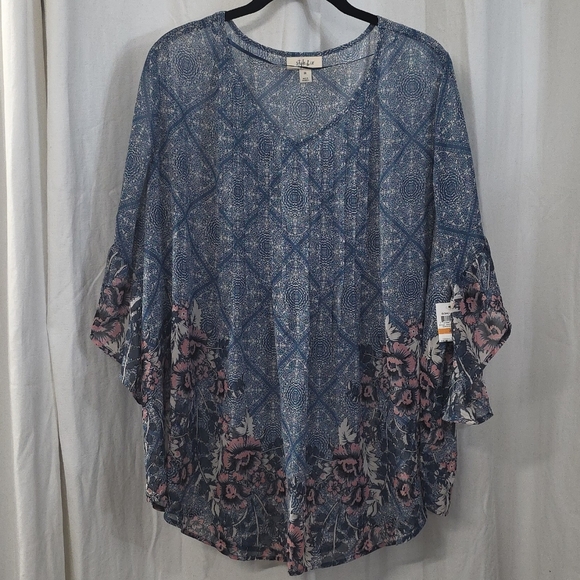 0x 1x 2x 3x Style Co Georgette Pintuck Pink Blue Bell Sleeve Boho Babydoll Top - Picture 1 of 9